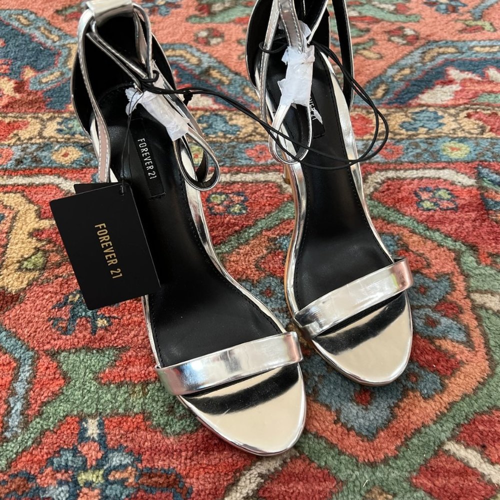 BRAND NEW! Forever 21 Silver Ankle Strap Stillettos